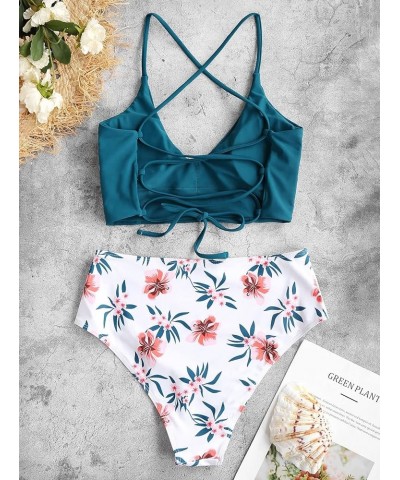 Women's Spaghetti Straps Floral Print Criss Cross Tankini High Leg Two Piece Swimsuit 223-deep Green $10.19 Swimsuits