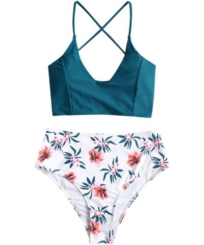 Women's Spaghetti Straps Floral Print Criss Cross Tankini High Leg Two Piece Swimsuit 223-deep Green $10.19 Swimsuits