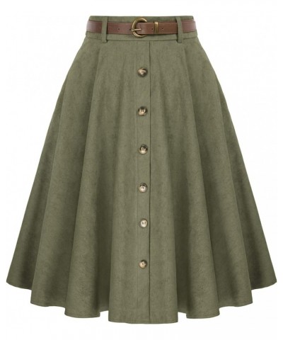 Women's Vintage Stretch High Waist A-Line Flared Midi Skirts with Pockets & Belts Army Green Corduroy $16.00 Skirts