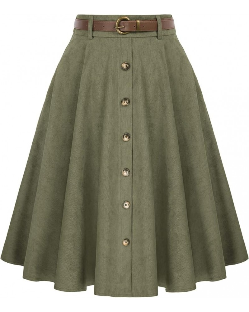 Women's Vintage Stretch High Waist A-Line Flared Midi Skirts with Pockets & Belts Army Green Corduroy $16.00 Skirts