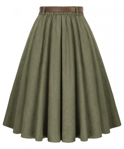 Women's Vintage Stretch High Waist A-Line Flared Midi Skirts with Pockets & Belts Army Green Corduroy $16.00 Skirts