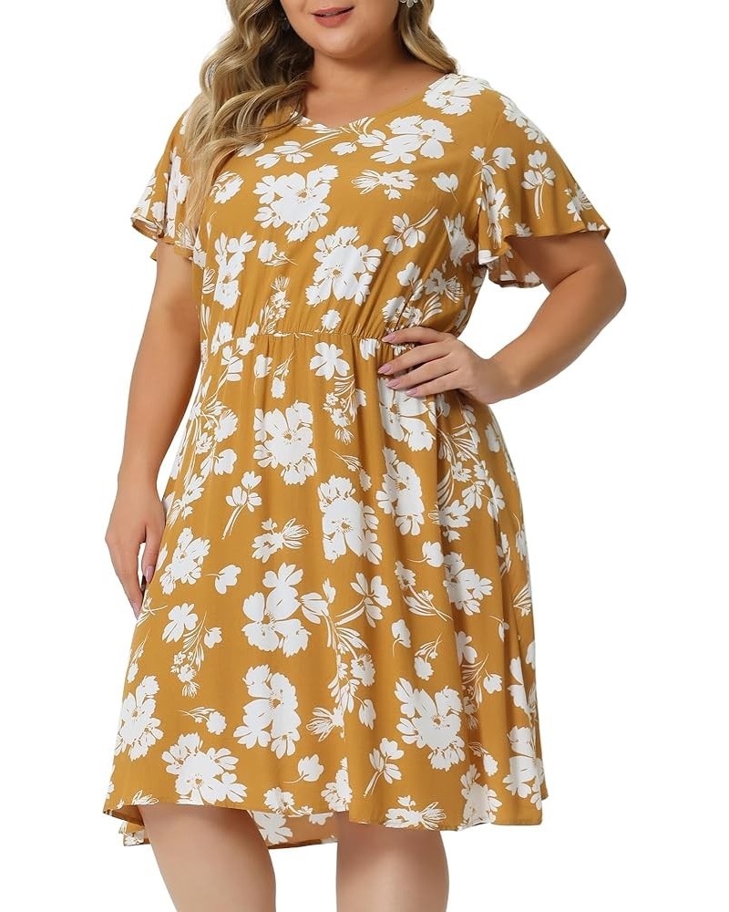 Summer Dresses for Women Plus Size 2023 V Neck Flare Sleeve Sundress Peplum Midi Ruffle Dress Yellow $21.92 Dresses