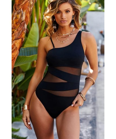 Sexy One Piece Bathing Suits for Women Cutout Mesh Tummy Control One Shoulder Swimsuits with Adjustable Strap Black $14.49 Sw...