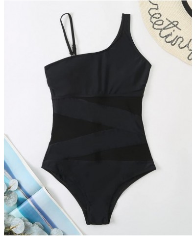 Sexy One Piece Bathing Suits for Women Cutout Mesh Tummy Control One Shoulder Swimsuits with Adjustable Strap Black $14.49 Sw...