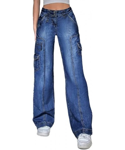 Women's Cargo Wide Leg Jeans Baggy Y2K Flap Pocket High Waist Pants Mid Blue $27.83 Jeans