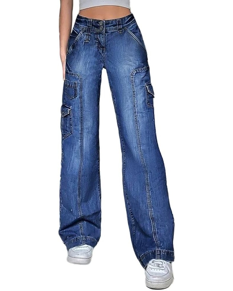 Women's Cargo Wide Leg Jeans Baggy Y2K Flap Pocket High Waist Pants Mid Blue $27.83 Jeans