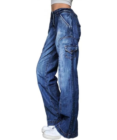 Women's Cargo Wide Leg Jeans Baggy Y2K Flap Pocket High Waist Pants Mid Blue $27.83 Jeans