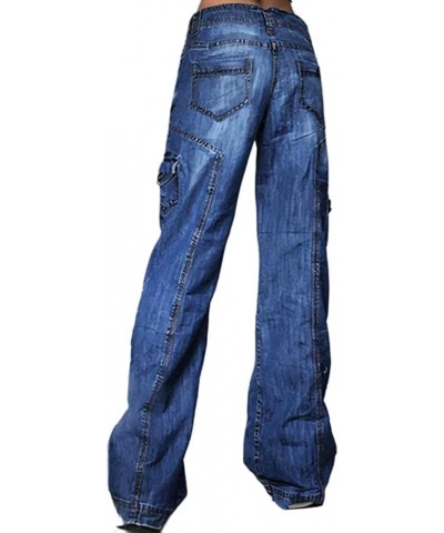 Women's Cargo Wide Leg Jeans Baggy Y2K Flap Pocket High Waist Pants Mid Blue $27.83 Jeans