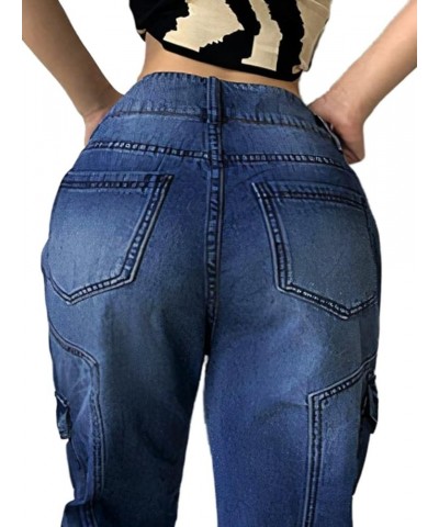 Women's Cargo Wide Leg Jeans Baggy Y2K Flap Pocket High Waist Pants Mid Blue $27.83 Jeans