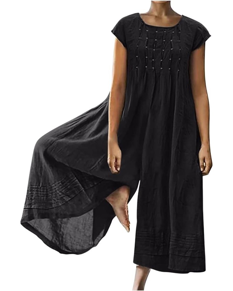 Linen Jumpsuit for Women Plus Size Wide-Leg Tie Halter Neck Pleated Casual Sleeveless Loose Long Yoga Overall A01-black $10.3...