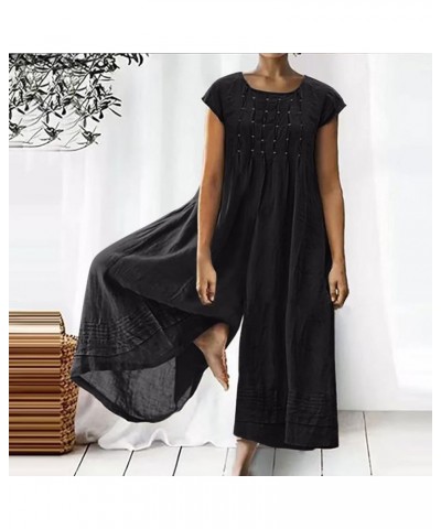 Linen Jumpsuit for Women Plus Size Wide-Leg Tie Halter Neck Pleated Casual Sleeveless Loose Long Yoga Overall A01-black $10.3...