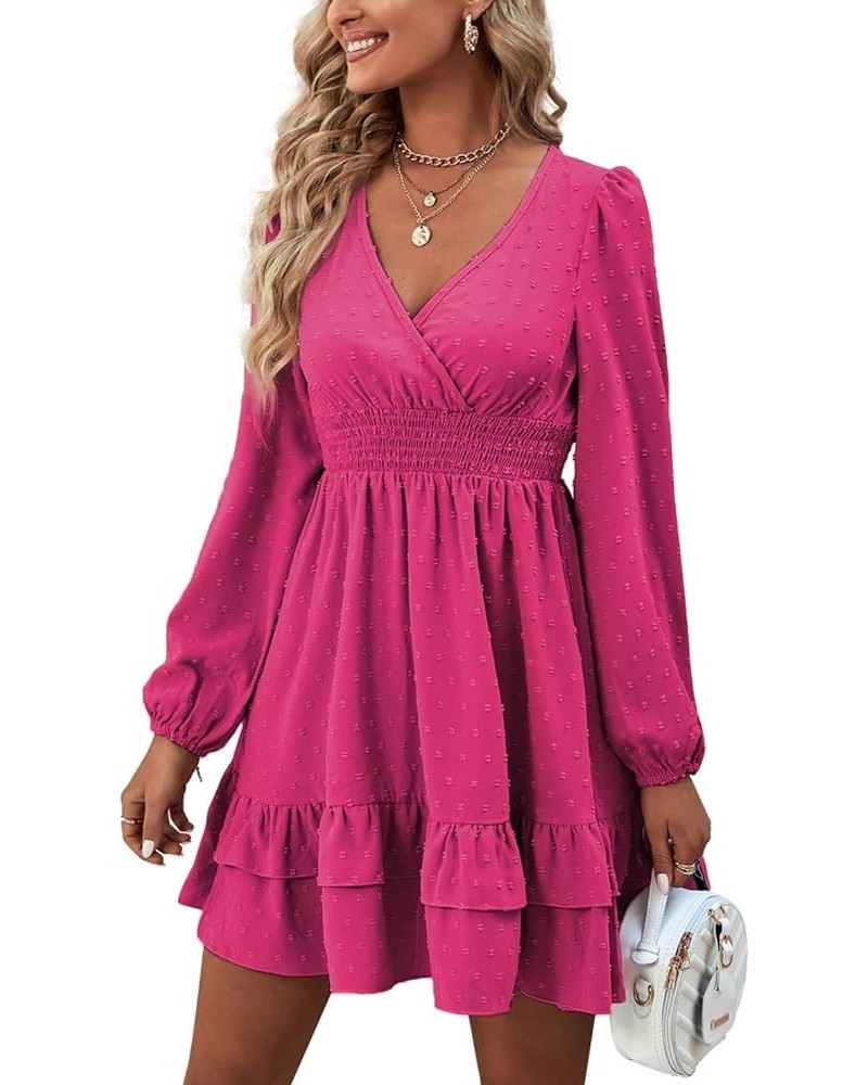 Women's Wrap V Neck Swing Ruffle Swiss Dots Long Sleeve Mini Dress Rose Red $26.49 Dresses