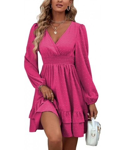 Women's Wrap V Neck Swing Ruffle Swiss Dots Long Sleeve Mini Dress Rose Red $26.49 Dresses