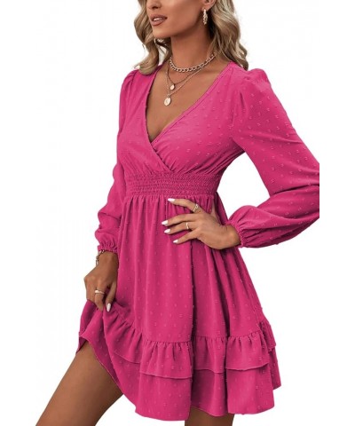 Women's Wrap V Neck Swing Ruffle Swiss Dots Long Sleeve Mini Dress Rose Red $26.49 Dresses