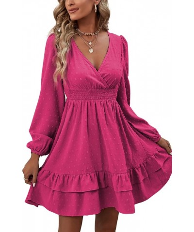 Women's Wrap V Neck Swing Ruffle Swiss Dots Long Sleeve Mini Dress Rose Red $26.49 Dresses