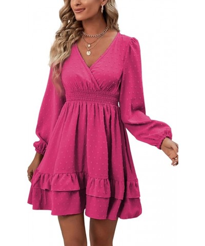 Women's Wrap V Neck Swing Ruffle Swiss Dots Long Sleeve Mini Dress Rose Red $26.49 Dresses