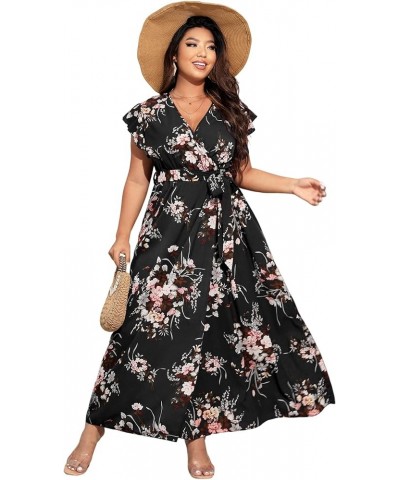 Women's Plus Floral Wrap V Neck Slit A Line Flutter Sleeve Swing Belted Maxi Dress Black $20.88 Dresses