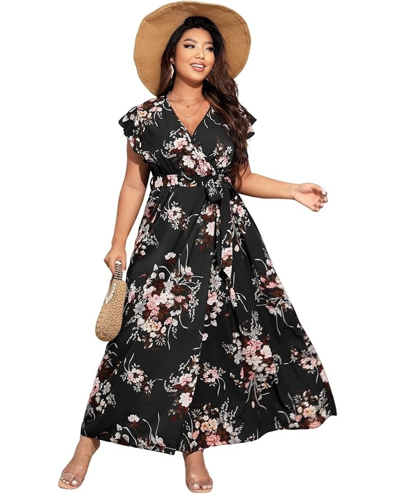 Women's Plus Floral Wrap V Neck Slit A Line Flutter Sleeve Swing Belted Maxi Dress Black $20.88 Dresses