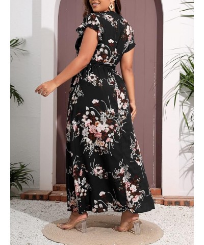 Women's Plus Floral Wrap V Neck Slit A Line Flutter Sleeve Swing Belted Maxi Dress Black $20.88 Dresses