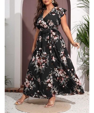 Women's Plus Floral Wrap V Neck Slit A Line Flutter Sleeve Swing Belted Maxi Dress Black $20.88 Dresses