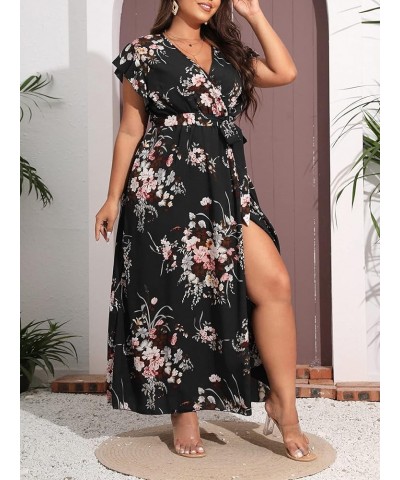 Women's Plus Floral Wrap V Neck Slit A Line Flutter Sleeve Swing Belted Maxi Dress Black $20.88 Dresses