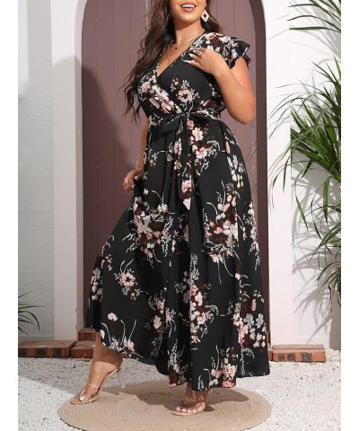 Women's Plus Floral Wrap V Neck Slit A Line Flutter Sleeve Swing Belted Maxi Dress Black $20.88 Dresses