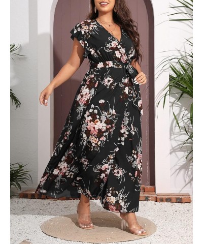 Women's Plus Floral Wrap V Neck Slit A Line Flutter Sleeve Swing Belted Maxi Dress Black $20.88 Dresses