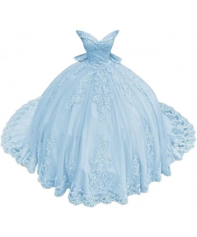 Women’s Off Shoulder Quinceanera Dresses Ball Gown Long Tulle Bow 2022 Lace Ball Gowns for Sweet 15 16 Light Blue $73.80 Dresses